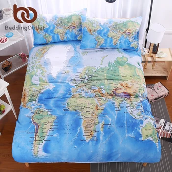BeddingOutlet карта на света комплект постелки ярка Синя печатна легло чаршаф с калъфка Кепър уютен домашен текстил кралски размери 3 бр.