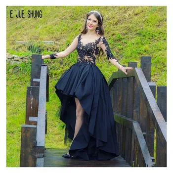 E JUE SHUNG приказно черните сватбени рокли Чисто O шия с дълги ръкави бутон Назад апликация висока ниска сватбени рокли роба де Мари