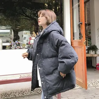 Зимна однотонная яке с качулка дамски проста светкавица с дълги ръкави свободни паркове дамски ежедневни тънки топли однобортные палто Женски