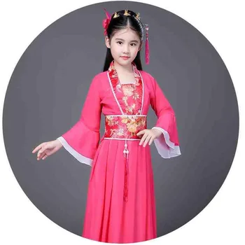 Традиционни танци фенове на китайското традиционно парти за деца Hanfu червено и ярко розово синьо небе бял зелен жълт Хелоуин момиче костюм