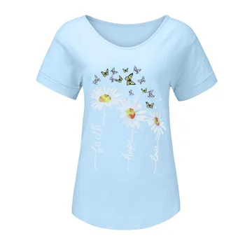 дамска блуза Flowersvintage дамски ежедневни печат на памук и лен О-образно деколте с къс ръкав блуза, потник Дамски потници и блузи