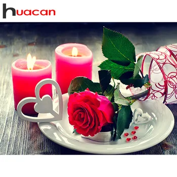 Huacan 5d цвете Диамант живопис Роза свещ пълен през цялата тренировка / квадратен кръст Бод комплект за декорация на дома Пейзаж на изкуството