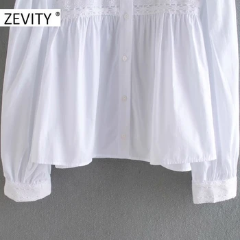 ZEVITY нови жени мода на щанда яка накъдрен бяла блуза поплин риза жени дантела на една кука шик blusa есен ризата върховете LS7196