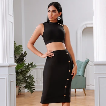 Seamyla 2021 New Women Summer Sexy Black Ленти 2 Two Pieces Sets The Top & Skirts Buttons Club Celebrity Evening Party Sets