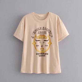 Karajuku Vintage Beige T Тениски 2020 New Cotton Female Short Sleeve O Neck Summer Tshirt Върховете Boho Губим Casual Women T Shirt