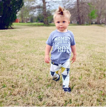 Новородено бебе момченце летни дрехи Mama ' s Boy тениска с къс ръкав потник потник+геометрични панталони 2 елемента комплект дрехи за деца