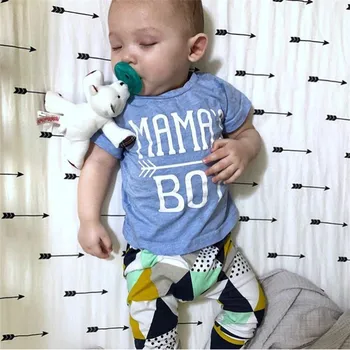 Новородено бебе момченце летни дрехи Mama ' s Boy тениска с къс ръкав потник потник+геометрични панталони 2 елемента комплект дрехи за деца