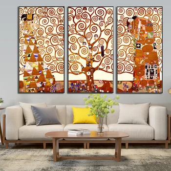 Всеотдайно 3 панел / комплект платно картини на Густав Климт Дърво на Живота, стенни пана за стени за сядане на изкуството печат на плакати, без рамка