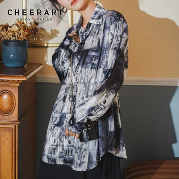 CHEERART спирала живопис графити есен 2020 жени с дълъг ръкав блуза, ризи с копчета свободни дами топ мода есен облекло