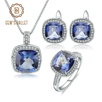Балет скъпоценен камък Естествен квадратен Иолит син мистична кварц комплект бижута за жени 925 сребро колие обици пръстен комплект