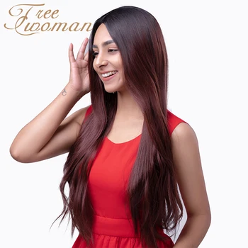 FREEWOMAN вино червено перука с тъмни корени естествената линия на растеж на косата е 24 инча средната част на синтетични перуки за жени партия режийни перуки косата