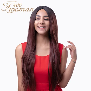 FREEWOMAN вино червено перука с тъмни корени естествената линия на растеж на косата е 24 инча средната част на синтетични перуки за жени партия режийни перуки косата