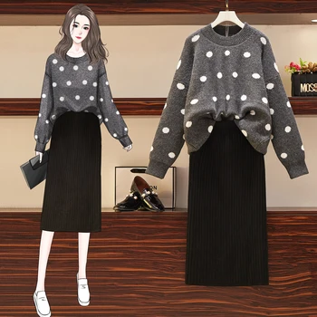 Плюс размер L-4XL Дама пуловер комплекти есен зима с дълъг ръкав Свободни Пуловери топ + еластичен колан плетене поли 2 бр. женски костюм