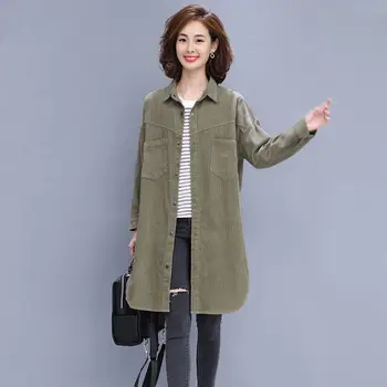 Тренч жена от рипсено Кадифе, лесен свободен дълъг дъждобран корейски стил на високо качество на дамски ретро голям размер 5XL однотонная облекло ветровка нова