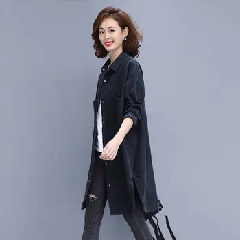 Тренч жена от рипсено Кадифе, лесен свободен дълъг дъждобран корейски стил на високо качество на дамски ретро голям размер 5XL однотонная облекло ветровка нова