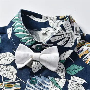 TUONXYE мода момче джентълмен облекло лятото с къс ръкав цветен стил риза с папийонка + шорти Деца Детски 2 бр. комплект дрехи