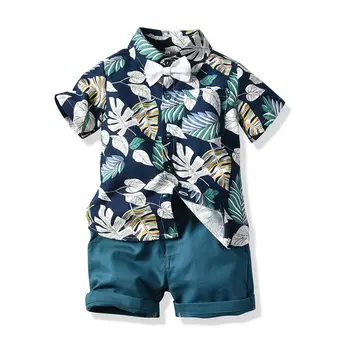 TUONXYE мода момче джентълмен облекло лятото с къс ръкав цветен стил риза с папийонка + шорти Деца Детски 2 бр. комплект дрехи