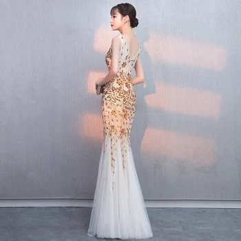 Robe de soiree Златен елегантен V-образно деколте, дълги мъниста с апликации русалка вечерни рокли vestido de festa Партия Prom Dress