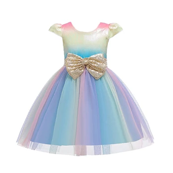 Kids Child Принцеса Момиче\u2019s лятна рокля цветен кръг деколте с къс ръкав лук за декорация нагънат за момиченце, 2-10 години