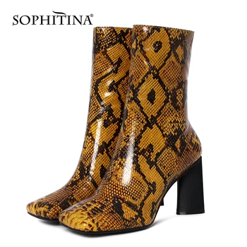 SOPHITINA Дамски ботуши мода Змия модел кожени дамски ботуши до средата на прасците квадратен чорап светкавица висок ток Vogue Дамски обувки SO700