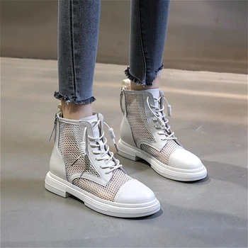 2020 мода двойна задна светкавица дизайн естествена кожа въздушна мрежа летни плоски ботуши женски глезена, конна езда конна off white обувки
