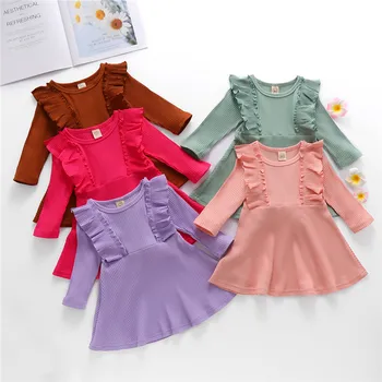 1-6Y Toddler Kid Момиче Solid Dress вязаное памучни удобно есен улично ежедневна рокля с дълъг ръкав взъерошенное рокля на принцеса