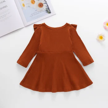 1-6Y Toddler Kid Момиче Solid Dress вязаное памучни удобно есен улично ежедневна рокля с дълъг ръкав взъерошенное рокля на принцеса