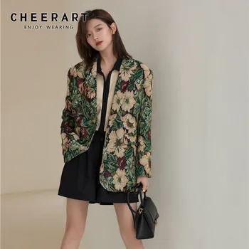CHEERART Vintage цветен принт блейзър дамски дизайнерски яке костюм пъстър зелен блейзър Якета, палта на горно облекло 2020 есенна мода