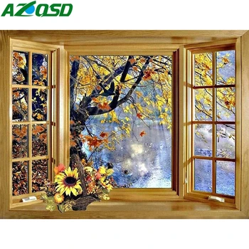 AZQSD Диамант живопис прозорци кръстат бод ръчно изработени Диамант бродерия дърво пейзаж живопис кристали домашен интериор подарък