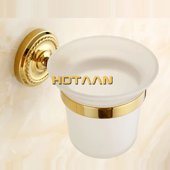 HOTAAN Безплатна доставка масивна месинг Монтиране на стена набор от тоалетни четки с закалено стъкло подстаканником, златист цвят YT-12212G