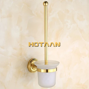 HOTAAN Безплатна доставка масивна месинг Монтиране на стена набор от тоалетни четки с закалено стъкло подстаканником, златист цвят YT-12212G