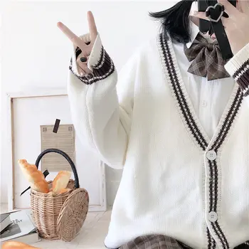 Жилетки жени Kawai японски Реколта прохладна пролет есен колеж момиче ретро пуловер с V-образно деколте Chic-популярните дамски трикотаж нова