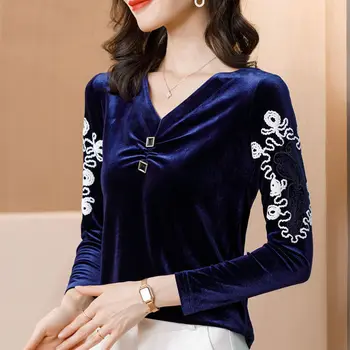 Дамски демисезонная стилна кадифе блуза, риза дамски елегантни печатни бродерия с дълъг ръкав тънки блузи SP898