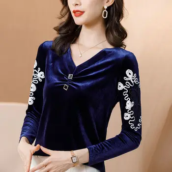 Дамски демисезонная стилна кадифе блуза, риза дамски елегантни печатни бродерия с дълъг ръкав тънки блузи SP898