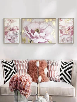 Ръчно Изработени Newest Gold Foil Lotus Flower Oil Painting 3 Panels Home Decor Wall Picture Abstract Art For Living Room Decoration