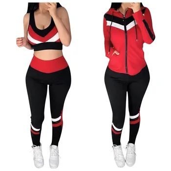 Women ' s Suite Spliced Hooded Vest Leisure Sports Suit 3-piece Костюми Casual Sport Pants Tracksuit Women Спортен Костюм Женск