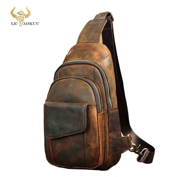 Мъжки оригинален Crazy horse кожа ежедневна мода Crossbody гърдите, прашка чанта дизайн пътуване на едно рамо чанта раница мъжки 8013-d