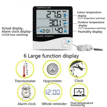 Junejour дигитален влагомер, термометър с LCD Електронен открит и закрит стайна температура и влажност на въздуха monitor alarm clock 1 бр.