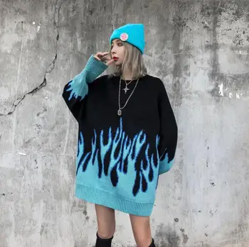Корейски свободен вязаный пламъка на мъжете и жените хип-хоп градинска О-образно деколте пуловер пуловер