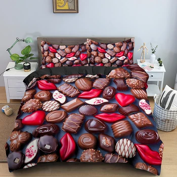 Шоколадова комплект постелки набор от пододеяльников за пуховых одеяла Macaron Bed Cover Food 3D Printed Comforter Cover Set Queen Bedspreads
