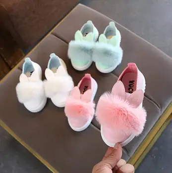 детски кожени обувки момичета заешки уши пухкави обувки на принцесата кожени маратонки момичета сладък заек мека, устойчива на плъзгане единичен спортни обувки, маратонки