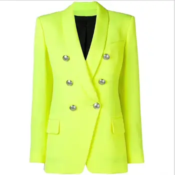 2019 нов блестящ зелен цвят мода писта палто с дълъг ръкав двоен бутон тънко палто V-образно деколте мода офис Дама якета