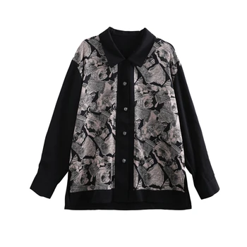 CHEERART Vintage есен с дълъг ръкав блуза на жената бутон нагоре яка на ризата черно Лоскутная свободни ризи моден дизайнер на дрехи
