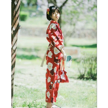 Жените Японски Кимона Традиционен Червен Цветен Принт Пълен Ръкав Азиатски Стил Хаори Костюм Юката Секси Рокля За Дамски Дрехи