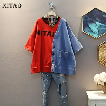 XITAO писмо Лоскутная тениска мода нов дамски пуловер 2020 летен принт един в гърдите джоб всекидневен стил свободна тениска DMY4692
