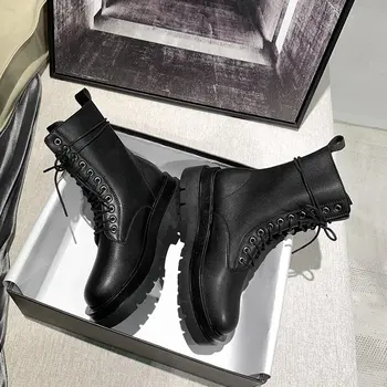 Жените Бойни Ботуши 2020 Мода Платформа Готик Обувки Черна Кожа Плюшени Къси Ботуши Дамски Модни Бял Топъл Кожа Ботильоны