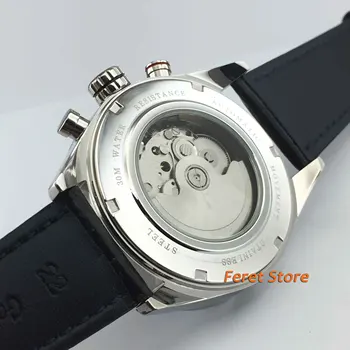 Corgeut 44mm черен циферблат кожена дата на механизъм за самостоятелно ликвидация мъжки модерен часовник корпус от неръждаема стомана водоустойчив механични часовници