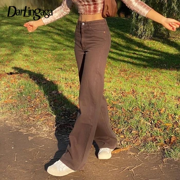 Darlingaga Реколта ежедневни кафяв Висока талия Дънки Harajuku широки панталони краката на жената 90-те дълги дънкови панталони на широки дънки Директни 2021