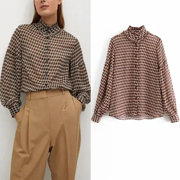 Za Women Vintage Print Разчорлям Blouse 2020 Long Puff Sleeve Office Lady Тениска Дамска Мода Предната Бутон Свободни Топове