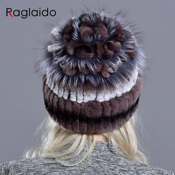 естествена кожа шапки за жени зима топло заек Рекс естествена кожа дебел обърнете цветни стилни момичета открит вязаный естествена кожа шапка